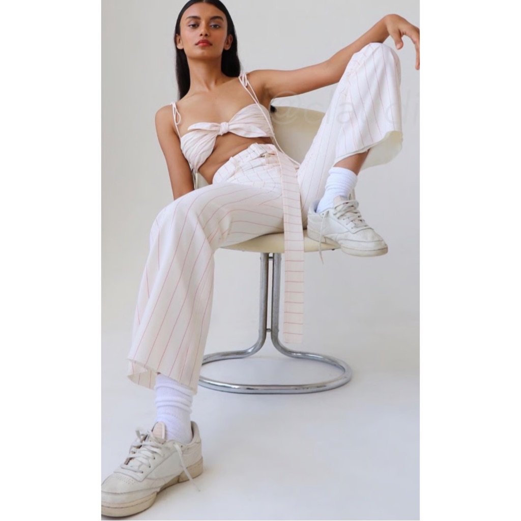 Orseund Iris | $875 Flare Crop Belted Pinstripe Wool Pants In Cream/Red, Size 6 — image 3 of 8